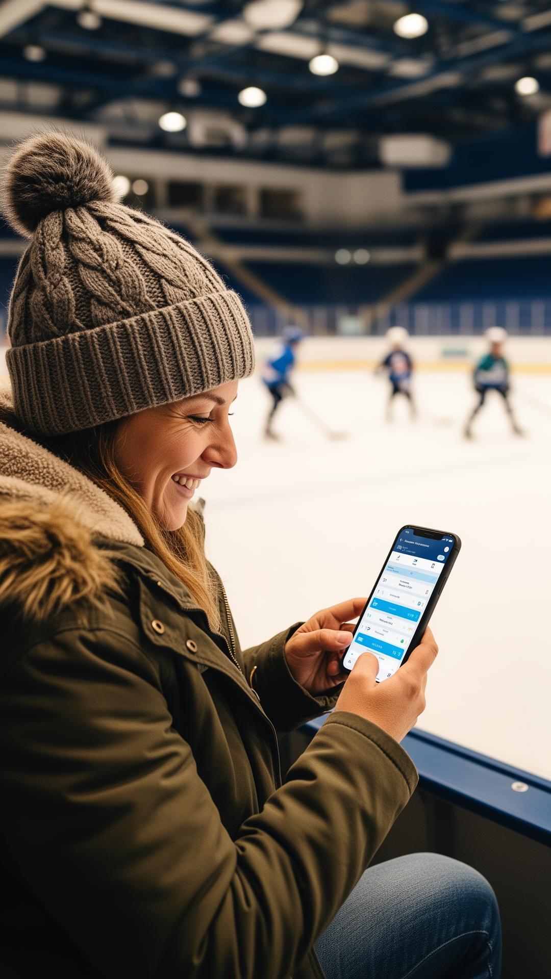 A smiling hockey mom in a beanie and parka tracking her child's stats on the RinkSheet app from the bleachers